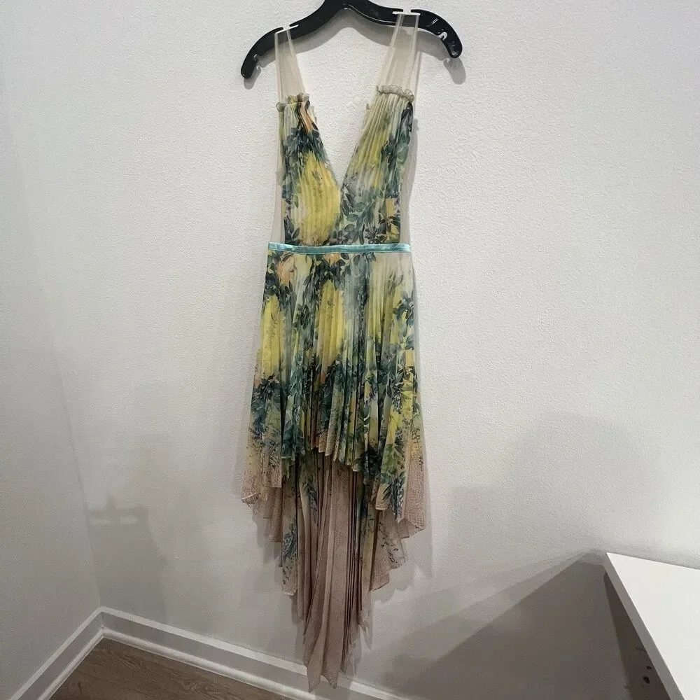 Bebe High Low Pleated Maxi Dress Floral Illusion Stunning Cocktail Women’s Sz 6 - Picture 2 of 12